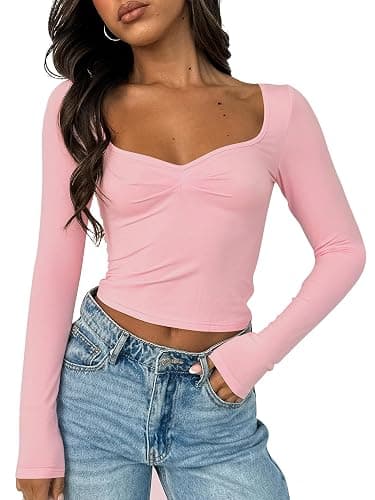 ForeFair Women's Sexy Long Sleeve Going Out Tops Pleated Bustier Shirt Cute Sweetheart Neck Y2K Cropped Top - Image 1