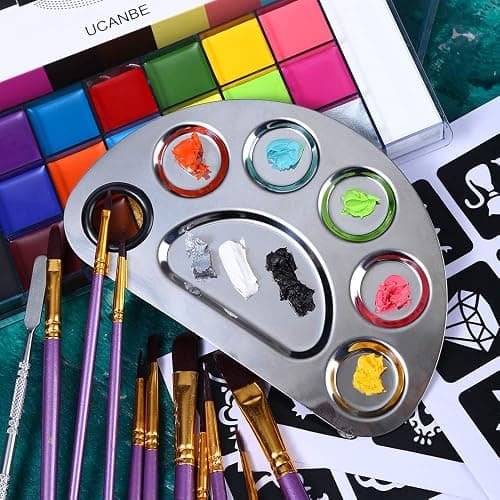 UCANBE Athena Face Body Paint Oil Makeup Set, 20 Colors FX Halloween Party Painting with Stainless Steel Mixing Palette and Spatula Tool,10 pcs Artist Paintbrushes,Tattoo Stencil Arts Crafts kit thumbnail 4