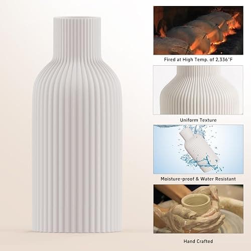 White Ceramic Flower Vase, Minimalist Modern Home Decor, Matte Finish Pampas Grass Vase for Table, Fireplace, Shelf, Mantel, Entryway and Centerpieces thumbnail 9
