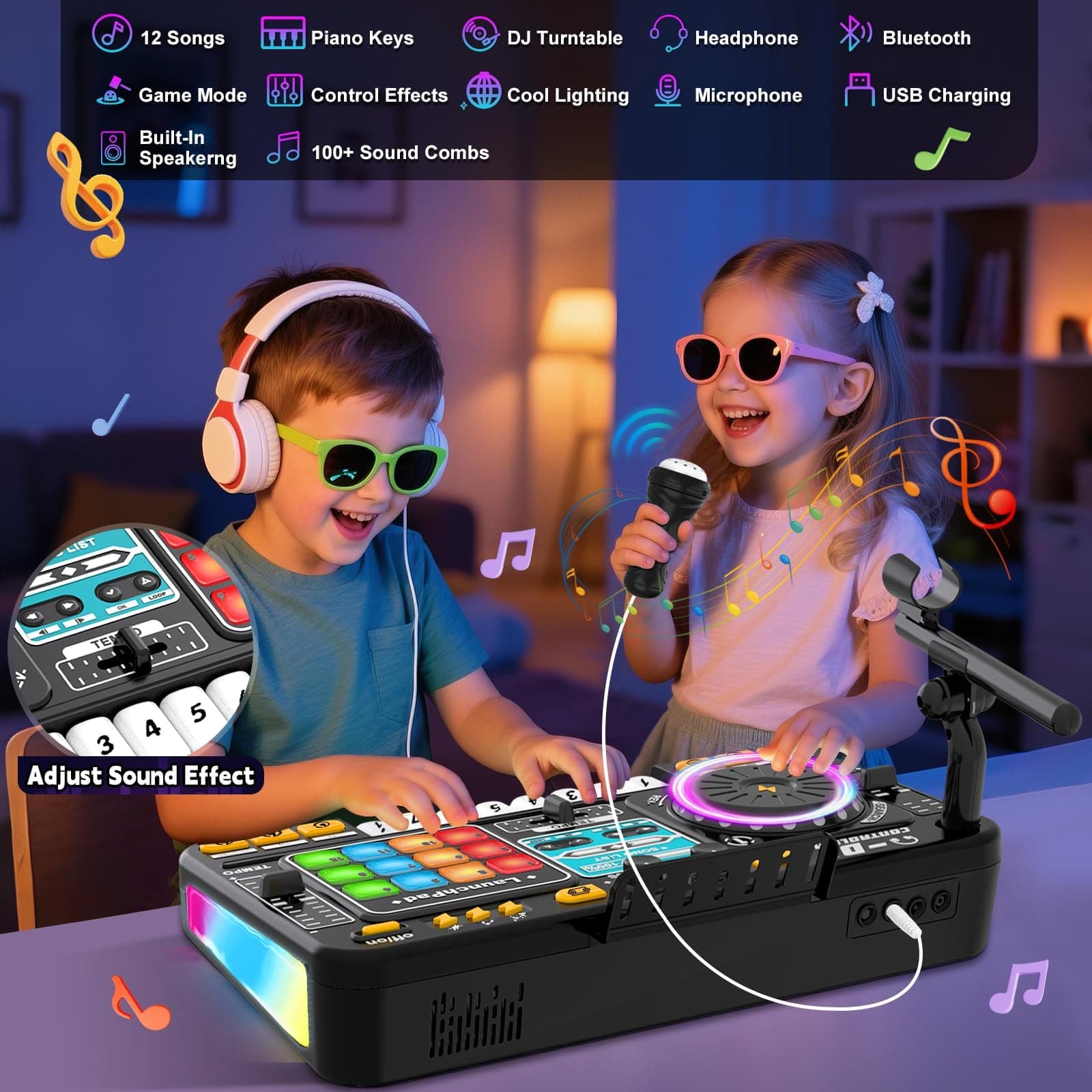 Kids Toys DJ Mixer for Party, Kids' Karaoke Machines, Music Toy with Bluetooth & Microphone for Ages 3+, 2000+ Sound Effects & Colorful Light - Idea Gift for Birthday Holiday(Black) thumbnail 6