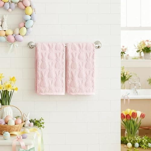 Artoid Mode 2 Pcs Pink 3D Rabbit Jacquard Easter Hand Towels for Bathroom, 100% Cotton Soft Absorbent Bathroom Decor Towels, 13.7 x 29.5 Inch thumbnail 2