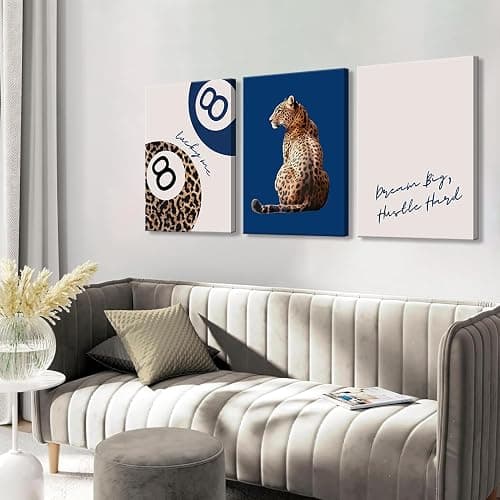 Navy Blue 3 Pcs Leopard Print Canvas Wall Art Cheetah animal prints 8 Ball Lucky Me pictures Trendy Wall decor Y2k aesthetics painting artwork for Apartment Dormitory College Decoration 12x16in thumbnail 3