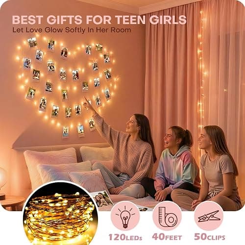 Teen Girl Gifts Trendy Stuff: Aesthetic 40Ft 120LED Hanging Picture Fairy Lights with 50 Clips - 8 Modes & Timer, Waterproof - Trendy Teenager Girl Gift for Birthday Christmas, Dorm Bedroom Wall Decor thumbnail 2