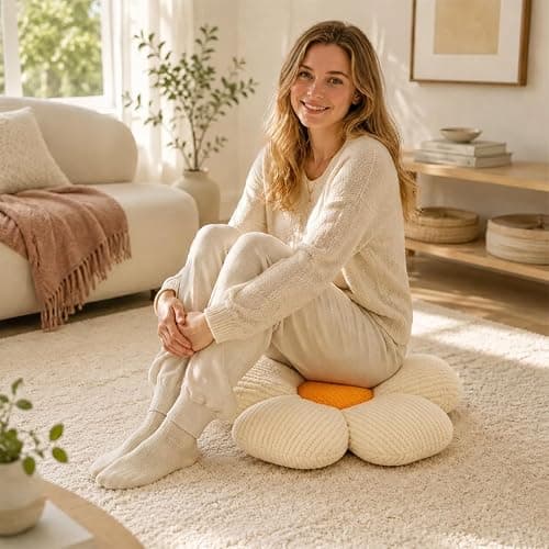 QFWFG Flower Floor Cushion, Soft Plush Daisy Throw Pillow, Aesthetic Cute Floor Pillow Decorative Scatter Seat Cushion for Sofa Bed Bedroom Home Decor, White 15.7 Inch thumbnail 2
