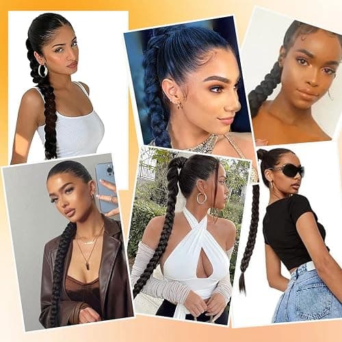 2 Packs Pink and Purple Long Braided Ponytail Extension For Black Women Soft Synthetic Hair Piece For Women with Hair Tie Straight Wrap Around Ponytail Braided Hair Extensions pre Stretched 30 Inch thumbnail 6