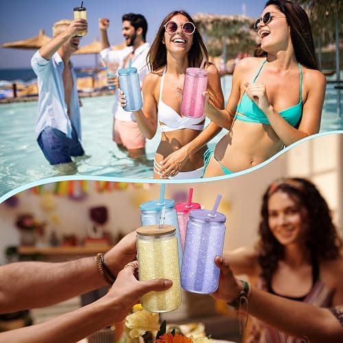 Nuenen 20 Pcs 16 oz Plastic Snow Globe Tumbler Pre Drilled Double Wall Plastic Can with Lid and Straw Double Wall Snowglobe Cup with Colorful Lid Mason Jar Cups for Snow Globe Glitter DIY Gift thumbnail 6