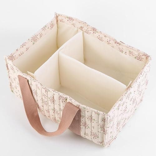 Floral Diaper Caddy Organizer with Handle Stylish Nursery Storage Basket with Removable Partition Babies Shower Gifts Basket for Boy and Girl (Daisy Pink) thumbnail 4