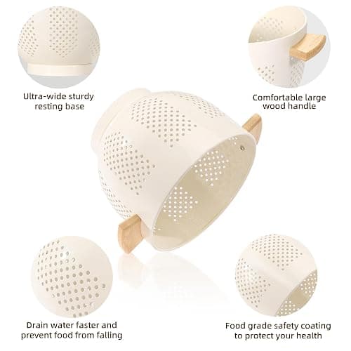 Metal Colander with Wood Handle and Stable Base, 5.5 Quart Powder Coated Steel Kitchen Strainer Basket for Draining Pasta, Vegetable and fruit,Cream thumbnail 6