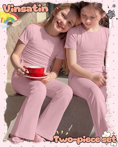 Vinsatin Girls' 2 Piece Short Sleeve Outfits | Side Ruched Slim Fit Tops and Flared Pants, Tween Casual Clothes Sets for 5-14Y, Crew Neck Stretchy Shirts, Airplane Outfit thumbnail 3