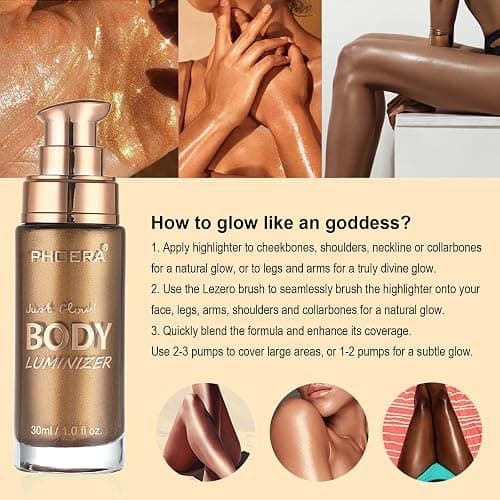 Body Shimmer Oil, Glistening Bronze Natural Glow Luminizer, Long Lasting Moisturizing Liquid Illuminator Highlighter Makeup for a Sun-Kissed Glow, Brush Include, 1oz, Medium thumbnail 4