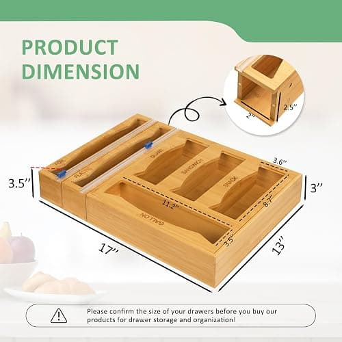WHOMASS 6-in-1 Magnetic Bamboo Drawer Organizer for Food Bags and Wraps Adjustable Compartment Storage with Dispenser and Cutter Fits Gallon Quart Sandwich and Snack Sizes thumbnail 2