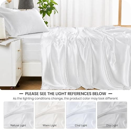 Silk Satin Sheets Queen, Silky Fitted Bed Sheets with 10" Deep Pocket Summer Cooling Sheets Luxury Hotel Satin Pink Fitted Sheets + Flat Sheet + Pillowcases thumbnail 5