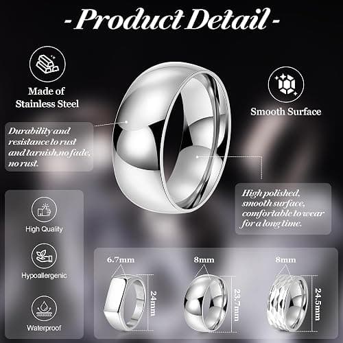 REVOLIA 3Pcs Stainless Steel Rings for Men 8MM Hammered Wedding Ring Set Square Signet Rings Pinky Silver Ring Simple Mens Band Rings Gold/Black/Silver Size 7-13 thumbnail 3
