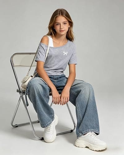 Kxuryueo Teen Girl Clothes One Shoulder Top and Wide Leg Stretch Jeans 2 Piece Casual Outfits Size 7-16 thumbnail 5