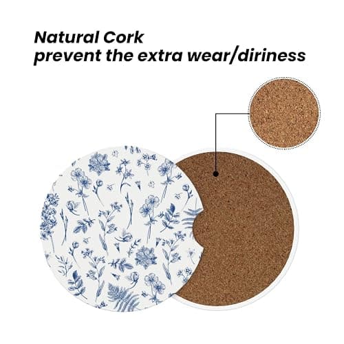 Vintage Blue Flower Car Coasters for Cup Holder Absorbent Ceramic Cup Coaster 2 Pack Anti Slip Car Interior Accessories with Finger Notch Cork Base for Women Men 2.56" thumbnail 6