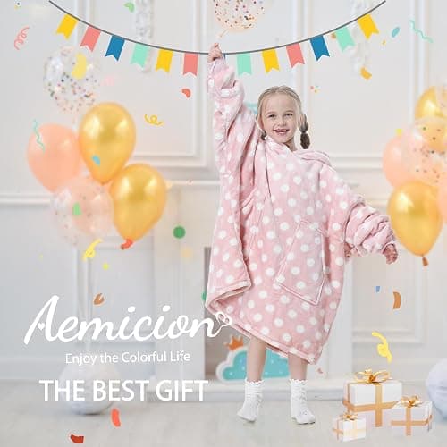 Aemicion Pink Polka Dot Wearable Blanket Hoodie for Girls 6-12, Kids Oversized Hooded Blanket with Sleeves, Soft Fleece & Sherpa Lounge Wear, Cute Birthday Christmas Gifts for Girls thumbnail 7