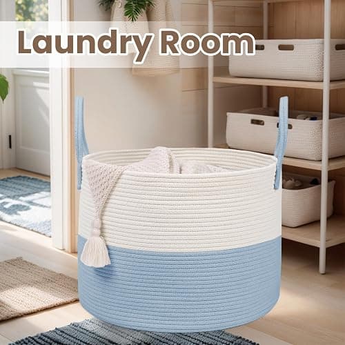 JMvicyroam Woven Blanket Basket,65L Large Rope Storage Bin with Handles, Organizer for Blankets Toys Book and Clothes, Laundry Basket for Living Room Bedroom Nursery,White&Blue thumbnail 7