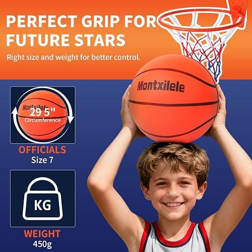 Montxilele Indoor Silent Basketball Size 7 with Hoop (29.5") – Airless Foam Ball for Quiet Indoor Dribbling, Ships Uncompressed, Foldable Wall-Mounted Hoop with Adhesive Mount, No Drilling thumbnail 6