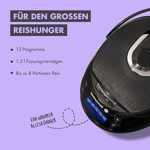 REISHUNGER Digitaler Reiskocher & Dampfgarer Schwarz | 1,5 L bis 8 Personen | Warmhaltefunktion, Timer & Premium Innentopf | Multikocher, 12 Programme, 7-Phasen-Technologie thumbnail 4