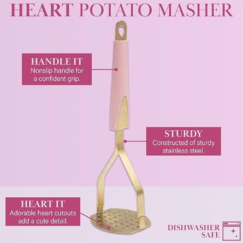 Paris Hilton Potato Masher, Heart-Shaped Stainless Steel Design, Non-Slip Handle, Dishwasher Safe, Pink thumbnail 2