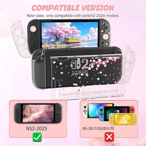 NANANINO Switch 2 Case for Nintendo Switch 2, Dockable Clear Protective Cover with Cherry Blossom Cat Design, Tempered Glass Screen Protector & Thumb Grips, Kawaii Pink Case for Girls thumbnail 4