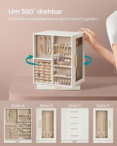 SONGMICS Schmuckkästchen 360° drehbar, Schmuckkasten 5 Schubladen, seitliche Glasfenster, geräumig, vertikale Schmuckaufbewahrung, offenes Design, Geschenkidee, weihnachten, wolkenweiß JBC170W01 thumbnail 4