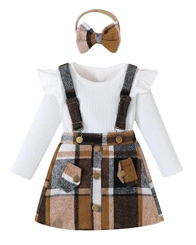 Coaturi Baby Girl Clothes Sets: 3 Piece Skirt Sets Ribbed Top Plaid Skirts with Headband Fall Outfits for Toddler 6-48 Months - Image 1