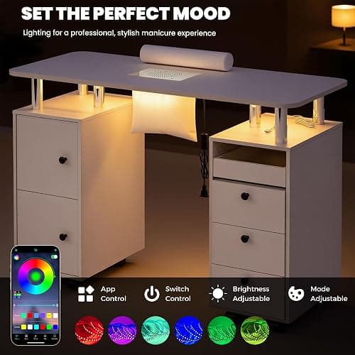 HolaiNail Nail Desk for Nail Tech w/Electric Dust Collector, Rolling Manicure Table w/Lockable Wheels, Storage Drawers, Wrist Cushion, Acetone Resistant, for Nail Beauty Salon Workstation (White) thumbnail 5