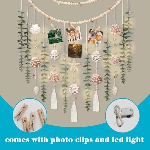 Artificial Eucalyptus Wall Decor with Seashell Coastal Decor Natural Home Decorations Hanging Wooden Bead Garland for Large Bedroom Bathroom Living Room, 32 x 32 Inch thumbnail 6