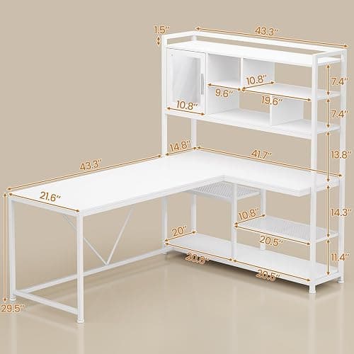 SEDETA L Shaped Computer Desk, 58'' Office Desk with LED Light and Bookshelf, L Shaped Corner Desk with Storage Shelves for Home Office, Gaming Desk, L Desk, White thumbnail 7