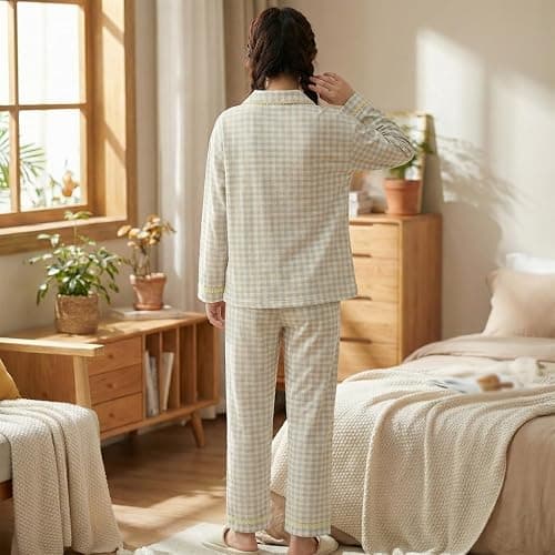 Neglance Cute Gingham Pajama Sets Women Girls Soft 2 Piece Sleepwear Long Sleeve Loungewear with Apple Embroidery Daily Wear thumbnail 6