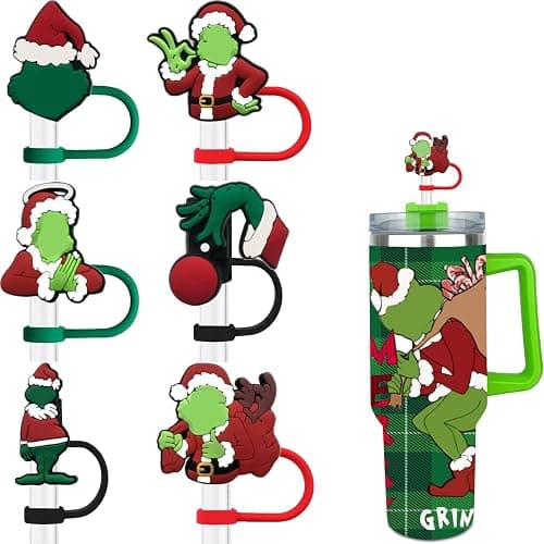 Haundry 6-Pack Christmas Straw Covers Cap Compatible with Stanley Tumblers, Reusable Silicone Green Xmas Drinking Straw Topper, Dust-Proof, Funny Stanley Accessories Perfect for Festival - Image 1