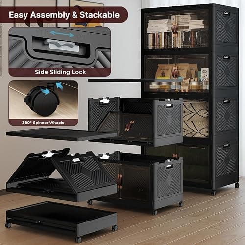 UAMFURI Stackable Storage Bins with Lids, 1440QT Lockable Storage Cabinet | Folding Storage Box with Doors and Wheels, Collapsible Plastic Drawers for Home, Garage, Office thumbnail 4