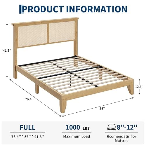 Garvee Bohemian Full Rattan Bed LED Natural Headboard Bedroom | Bohemian full rattan bed with natural headboard, LED lights, solid wood frame. No box spring needed for bedroom use. thumbnail 2