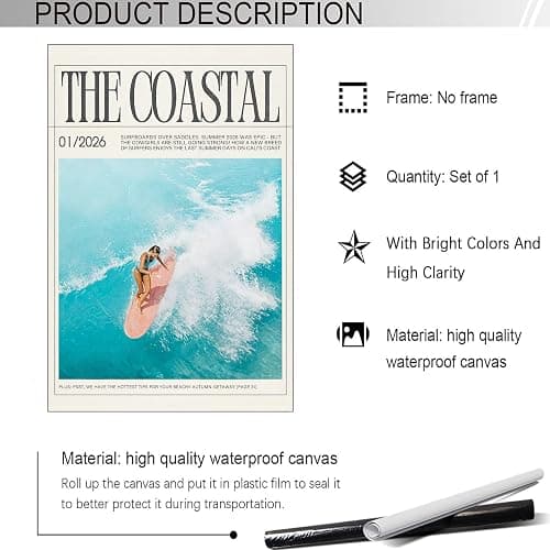 Vintage Magazine Cover Poster The Coastal Cowgirl Beachy Newspaper Canvas Wall Art Surfer Riding Wave Aesthetic Prints Painting For Home Bedroom Dorm Wall Decor 12x16in Unframed thumbnail 3