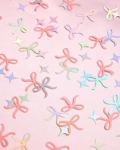 xo, Fetti Bow Confetti - 200 pc | Bachelorette Party Pink and Iridescent, Engagement Party Decoration, Tying the Knot Table Decor, Bride To Be Coquette Ribbon Bridal Shower Supplies thumbnail 4