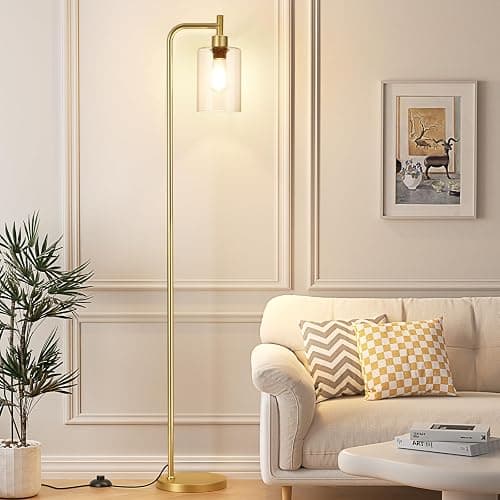 Ziisee Floor Lamps for Living Room - Industrial Standing Lamp with Glass Shade, Modern Gold Floor Lamp with LED Bulbs, Farmhouse Floor Lamp for Bedroom, Tall Lamp for Office - Gold thumbnail 2