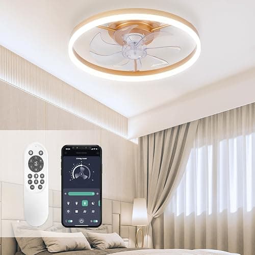 STERREN Modern Gold Ceiling Fans with Lights,20" Dimmable Flush Mount Low Profile Ceiling Fans with Remote Control,Indoor Smart Ceiling Fan with Light for Bedroom - Image 1