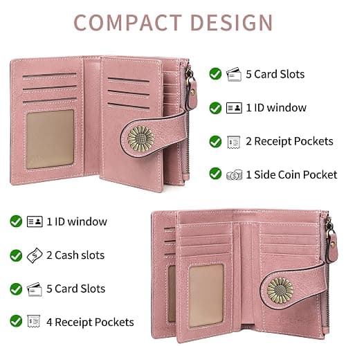 SENDEFN Small Womens Wallet Leather Bifold Card Holder RFID Blocking with Zipper Coin Pocket - 1-Wax-A-Pink thumbnail 2