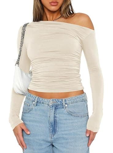 Darong Women's Casual Long Sleeve Boat Neck Off Shoulder Slim Fit Crop Top Going Out Blouses Y2K Tight Shirts - Image 1
