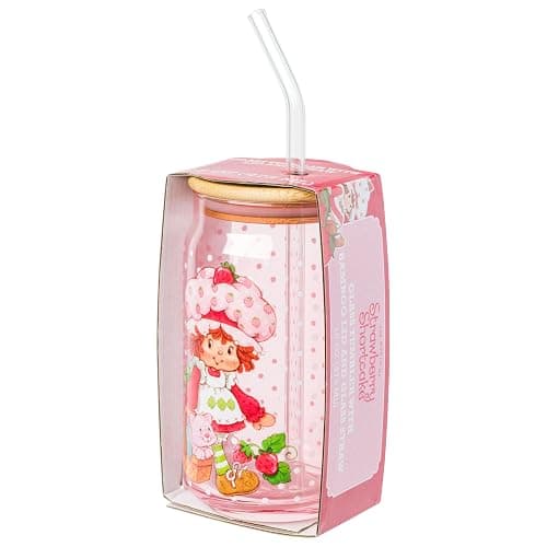 Silver Buffalo Strawberry Shortcake Pink Glass Tumbler with Bamboo Lid and Glass Straw Featuring Strawberry Shortcake and Custard, 16 Ounces thumbnail 6