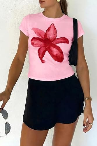 Tankaneo Womens Y2K Graphic Baby Tees Summer Flower Vintage Short Sleeve Tops Slim Fit Cropped T-Shirts thumbnail 5