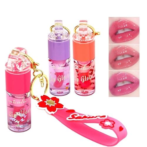 DENESTUP 3 Colors Hydrating Lip Gloss Set, Glossy Shimmer High Shine Glass Finish Lipgloss Natural Moisturizing, Lip Make-Up for Kids and Teens Party Gift Sakura Keychain Design - Image 1