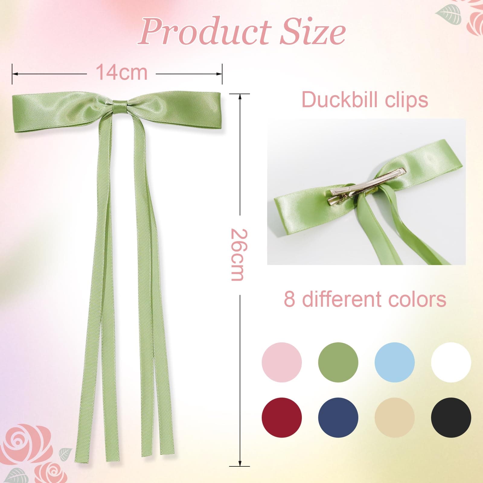 Silky Satin Long Bow Hair Clips, 8pcs Hair Barrettes for Women Girls, 8 Colors Long Tail Bow Hair Ribbon Claws, Elegant Hair Accessories for Teens and Adults thumbnail 4