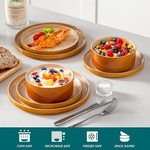 vancasso ONION Ceramic Plates and Bowls Sets, 12 Pieces Brown Dinnerware Sets for Kitchen, Reactive Glaze Dishes Set for 4, Dishwasher and Microwave Safe thumbnail 5