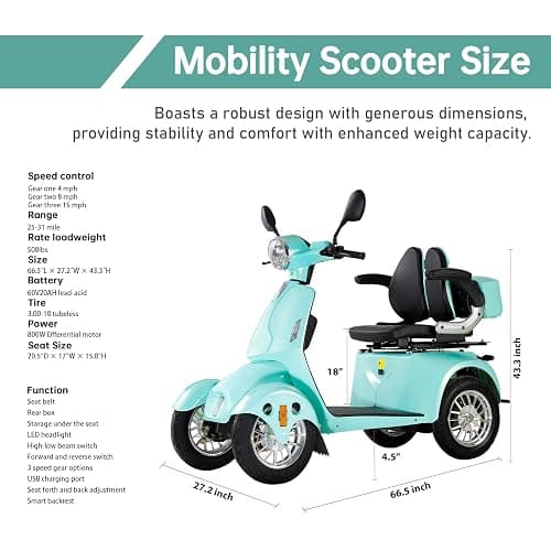 Dvsripa Mobility Scooters for Adults,Heavy-Duty 4 Wheel Mobility Scooters for Seniors,500 LB Capacity All Terrain Mobility Scooter Handicap Scooters for Adults,800W, Multiple Colors thumbnail 3