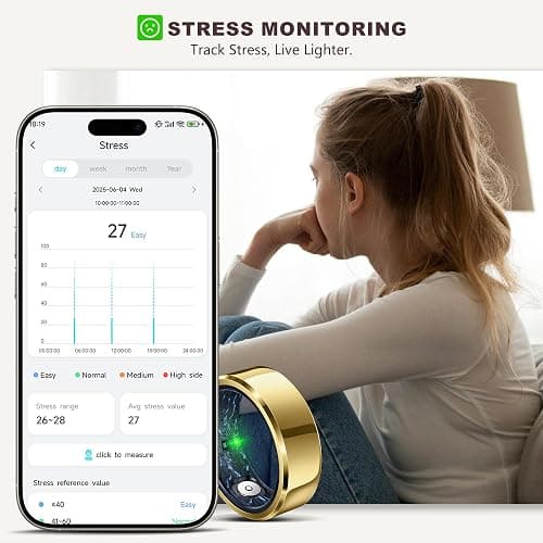 RIFESI Smart Ring for Women Men, Fashion Minimalist Fitness Ring & Sleep Tracker Ring with Heart Rate, SPO₂,Blood Pressure,5ATM Waterproof Health Ring, No Subscription,Gift (Size 8, Gold) thumbnail 5