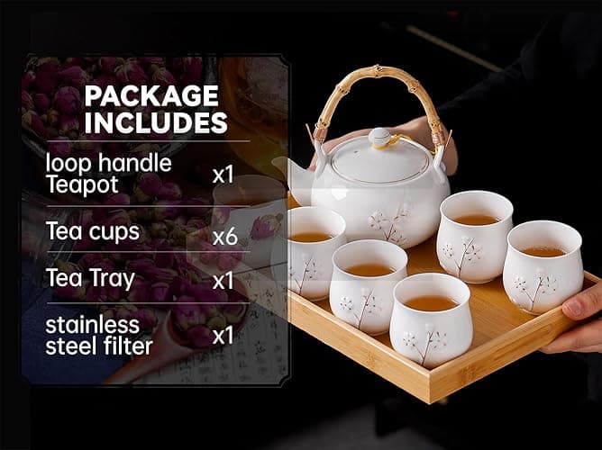 REOWONU Japanese Tea Set, White Porcelain tea set with 1 Teapot(23 oz/660ml), 6 Tea cups(5.3 oz/150ml), 1 Tea Tray, Golden plum blossom relief, Asian tea sets for adults (Golden plum-White) thumbnail 7