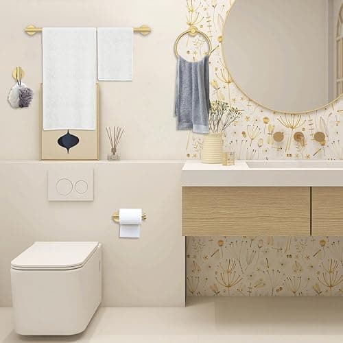 Brushed Gold Towel Bar Set 5 Pieces Round Bathroom Hardware Set Includes 23.6in Towel Bar Towel Ring Toilet Paper Holder Towel Hooks Stainless Steel Wall-Mounted Bathroom Towel Holder Set thumbnail 2