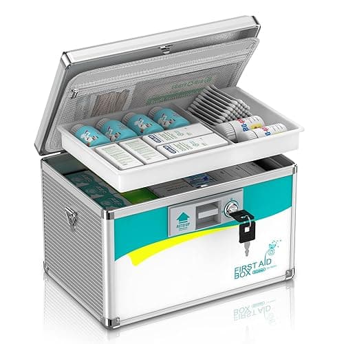 Glosen Medicine Lock Box,locking medicine box, Security Lock Boxes【Medium 12 x 7.68 x 7.87 Inch with removable storage pocket】,lock box, First Aid Key Safe Box,Lock Box for Medication - Silver - Medium-12in